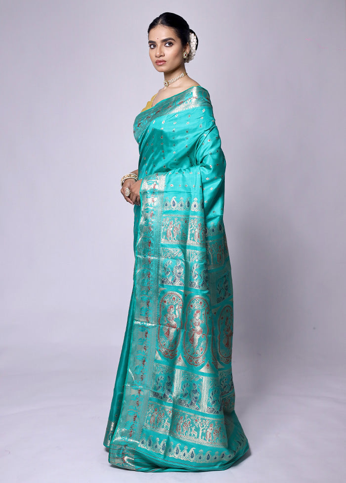 Green Handloom Baluchari Pure Silk Saree With Blouse Piece Discount Online Online