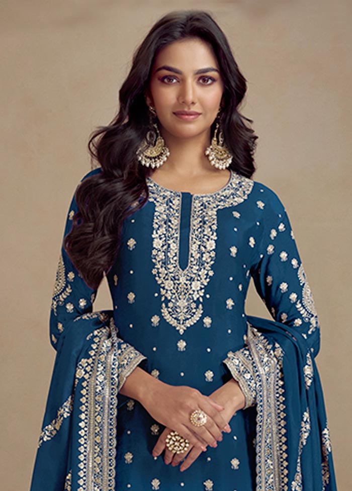 3 Pc Teal Blue Semi Stitched Silk Suit Set Discounts