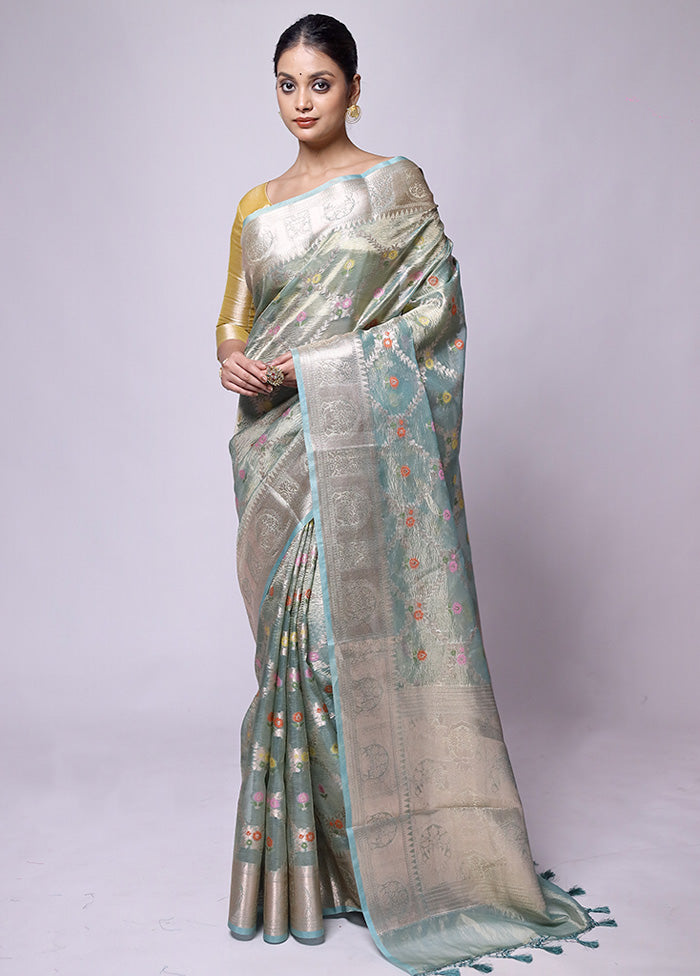 Green Crushed Tissue Silk Saree With Blouse Piece Brand New Unisex Sale Online