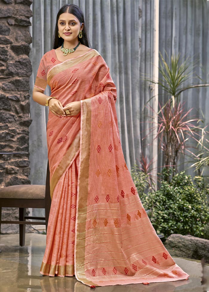 Peach Linen Silk Saree With Blouse Piece Buy Cheap Extremely