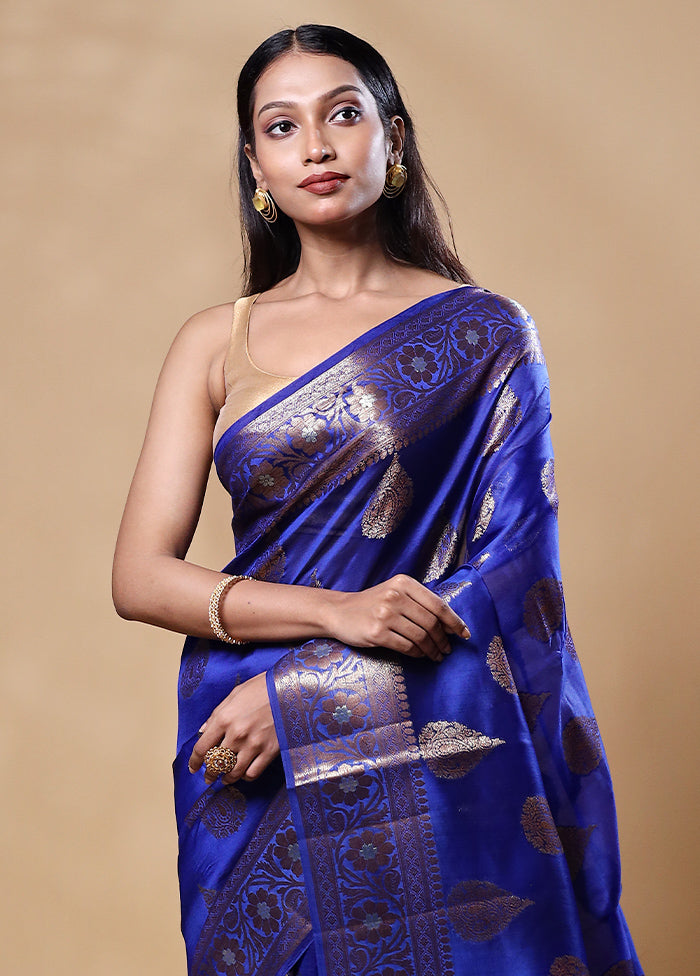 Blue Dupion Silk Saree With Blouse Piece For Sale Online