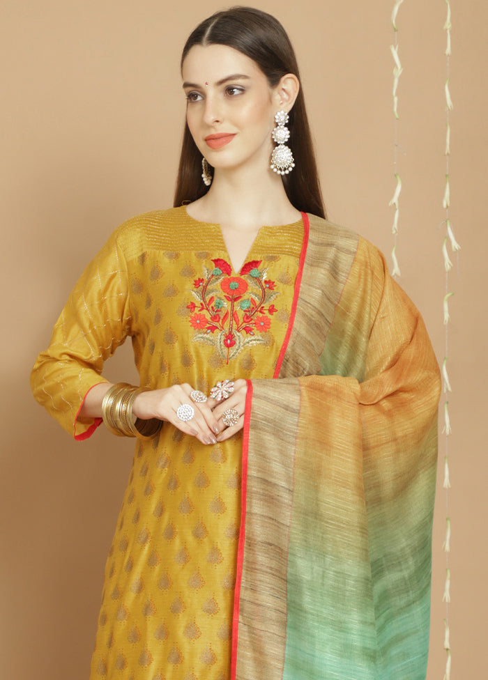 3 Pc Yellow Unstitched Chanderi Suit Set Cheap Websites