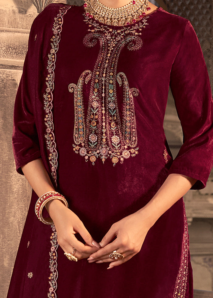 3 Pc Maroon Unstitched Velvet Suit Set Real For Sale