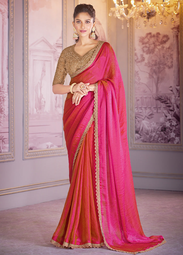 Pink Chiffon Silk Saree With Blouse Piece 100% Authentic For Sale