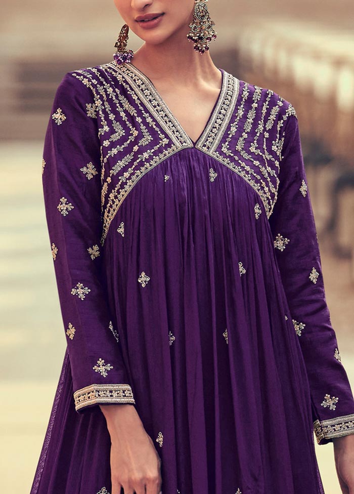 3 Pc Purple Semi Stitched Silk Suit Set Cheap Sale Many Kinds Of