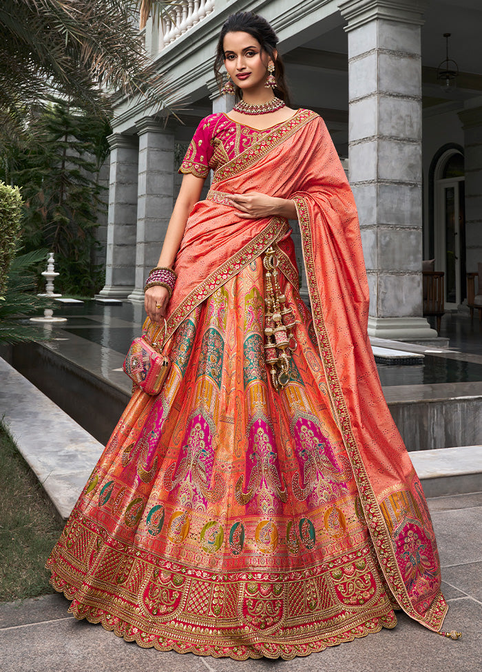 3 Pc Orange Silk Semi Stitched Lehenga Set Visa Payment For Sale