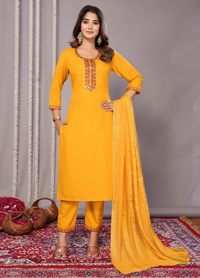 3 Pc Mustard Readymade Cotton Suit Set Popular