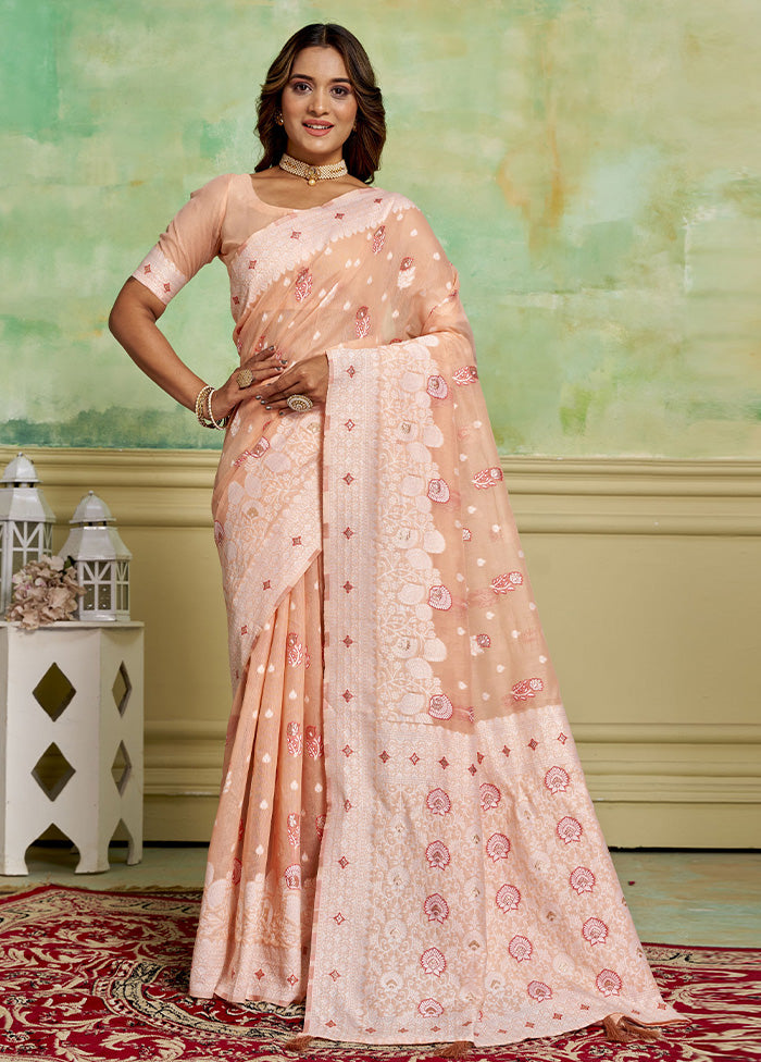 Peach Cotton Saree With Blouse Piece Discount Latest