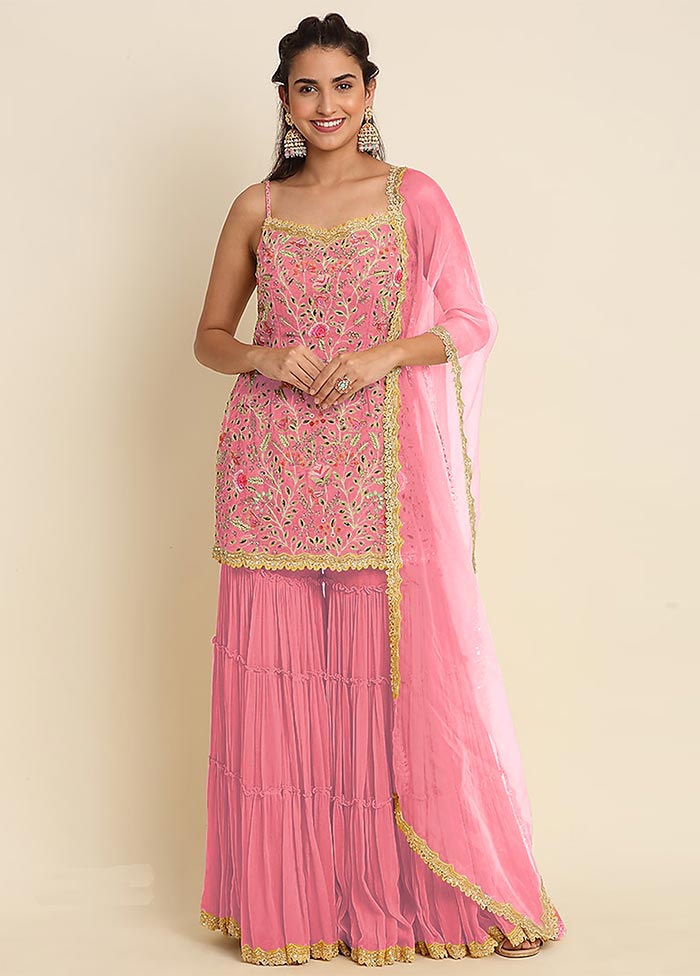 3 Pc Pink Semi Stitched Georgette Suit Set Cheap Excellent