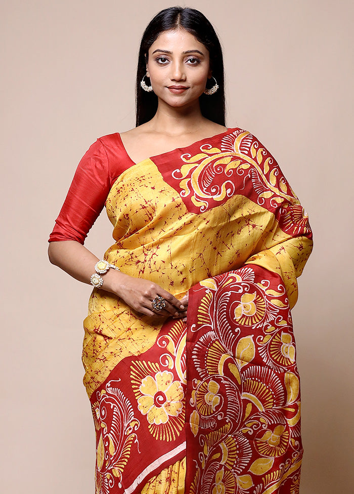 Yellow Printed Pure Silk Saree Without Blouse Piece Authentic For Sale