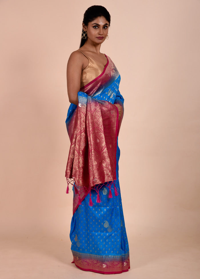 Blue Dupion Silk Saree With Blouse Piece Cheap Sale Many Kinds Of