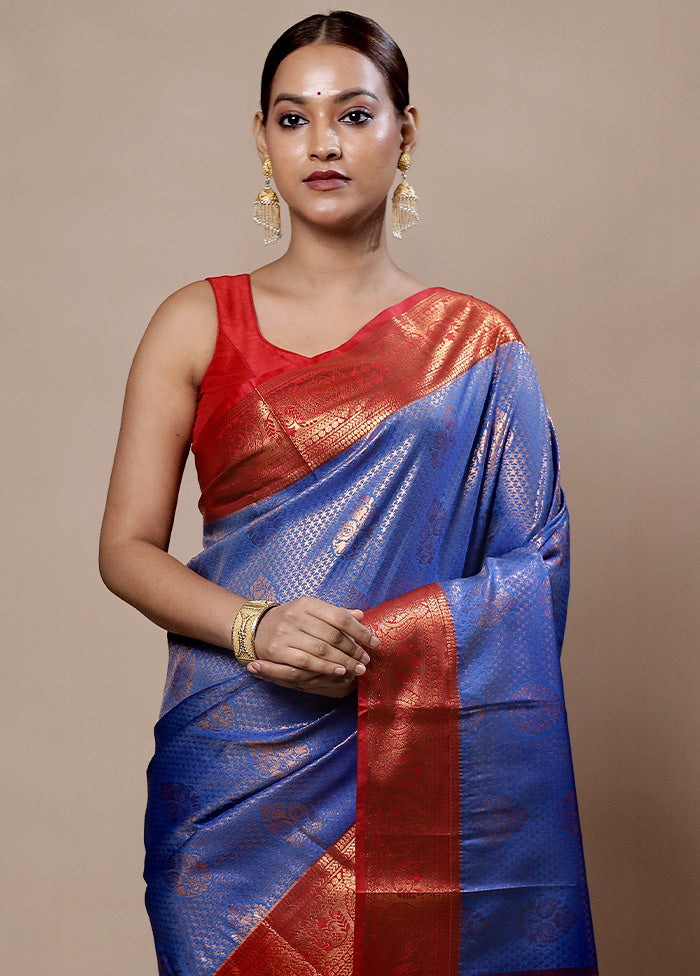 Blue Kanjivaram Silk Saree With Blouse Piece Websites Online