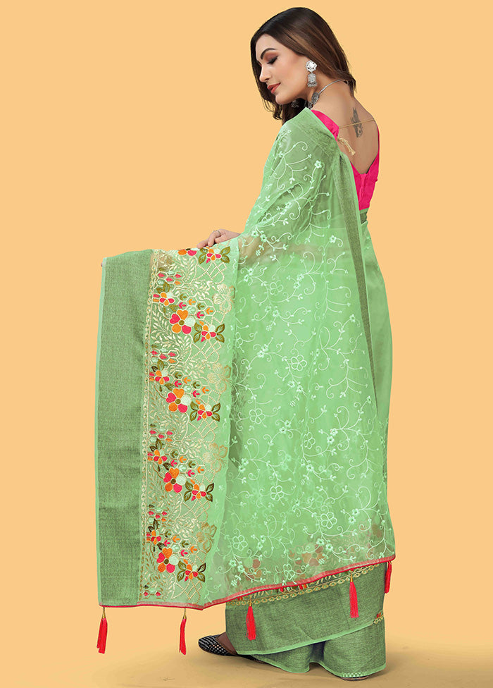 Green Organza Saree With Blouse Piece Discount Eastbay