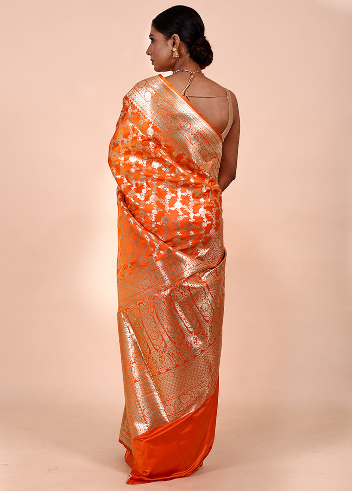 Orange Banarasi Silk Saree With Blouse Piece Shop For Online