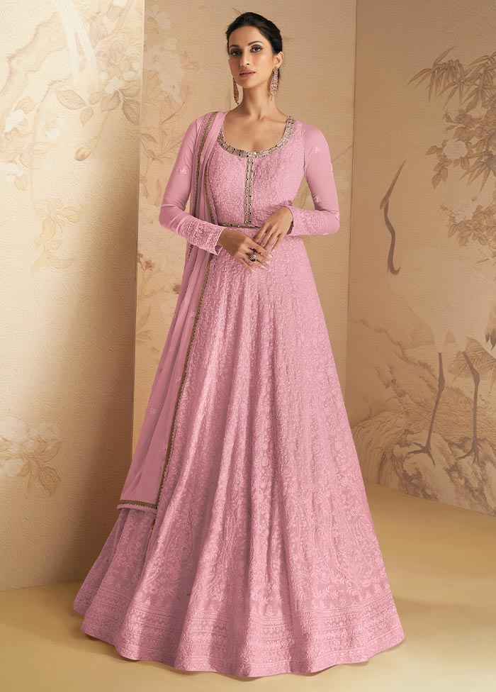 3 Pc Light Pink Semi Stitched Georgette Suit Set Outlet Top Quality