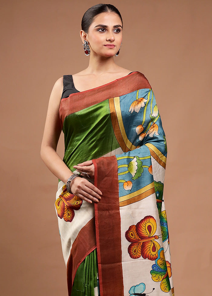 Green Printed Pure Silk Saree Without Blouse Piece Fashionable For Sale