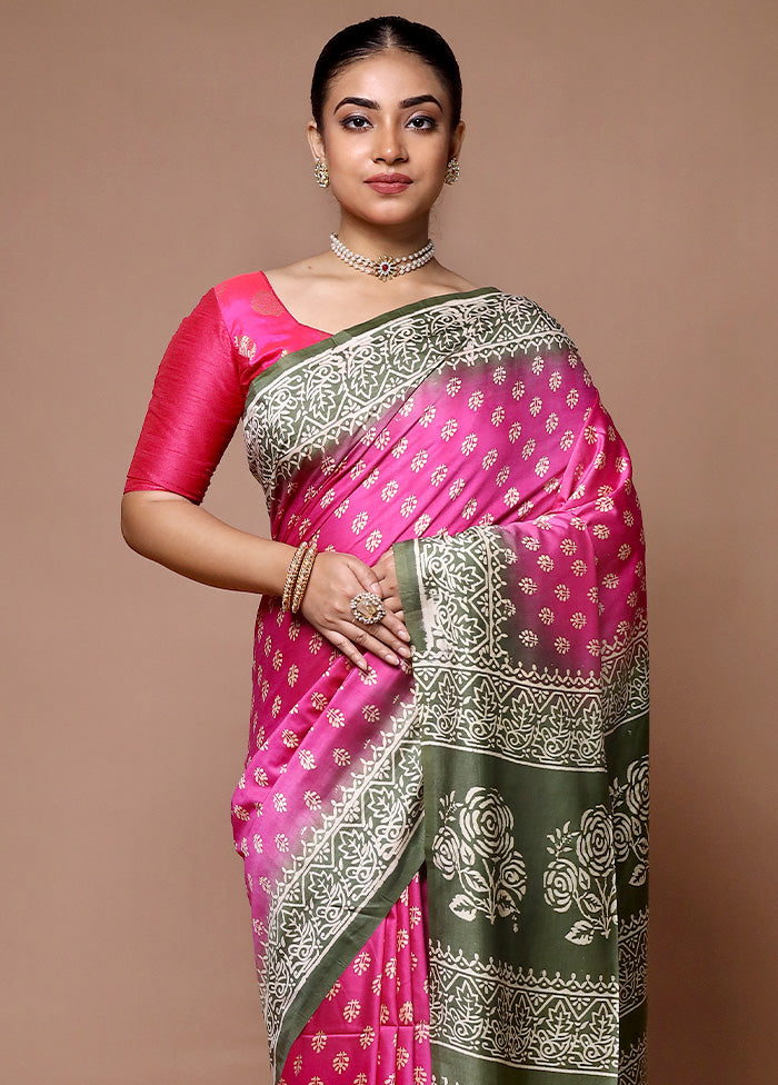 Pink Printed Silk Saree Without Blouse Piece Fashion Style Online