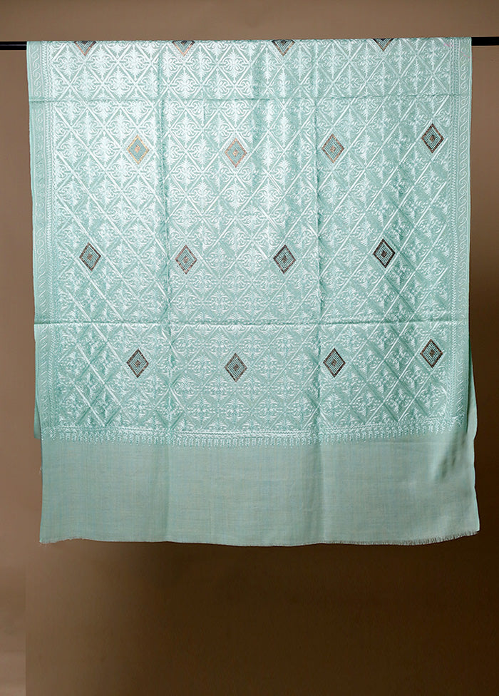 Green Butta Work With Zari Woven Border Shawl With Mastercard For Sale