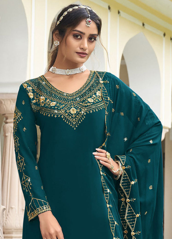 3 Pc Teal Semi Stitched Georgette Suit Set Clearance Online Official Site