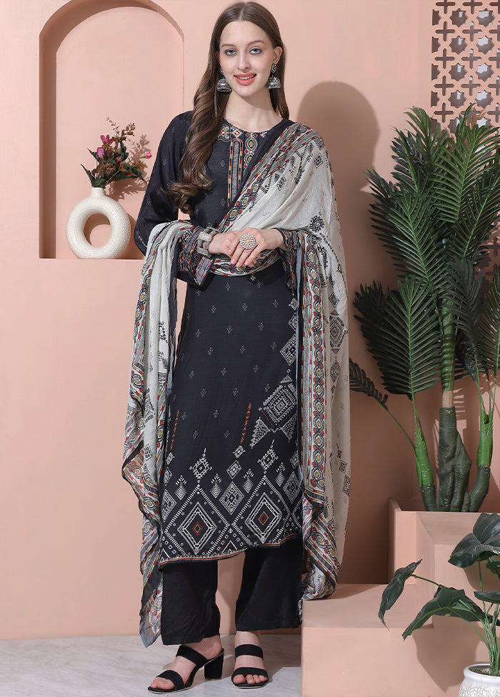 3 Pc Black Semi Stitched Silk Suit Set Buy Cheap Pay With Visa