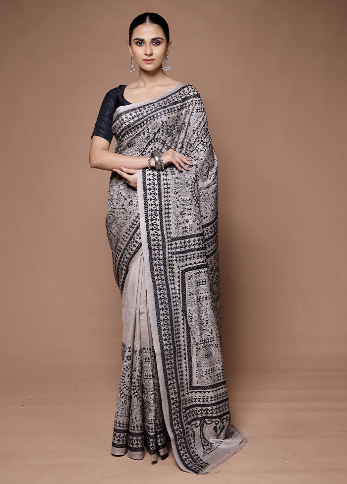 Grey Handloom Kantha Stitch Pure Silk Saree With Blouse Piece Buy Cheap Limited Edition