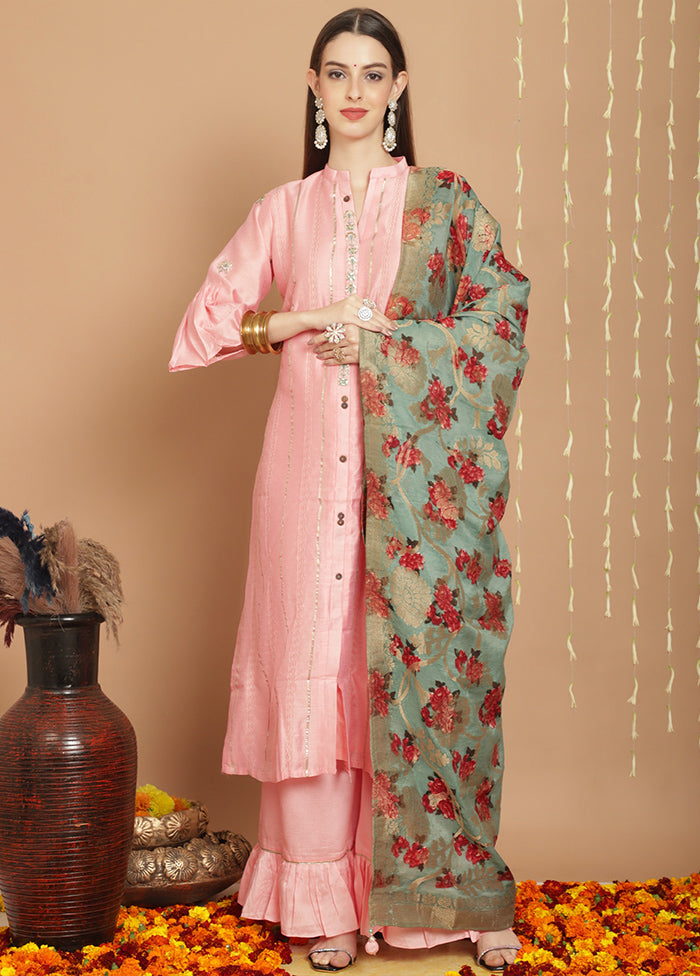 3 Pc Peach Unstitched Chanderi Suit Set Free Shipping Best Pices