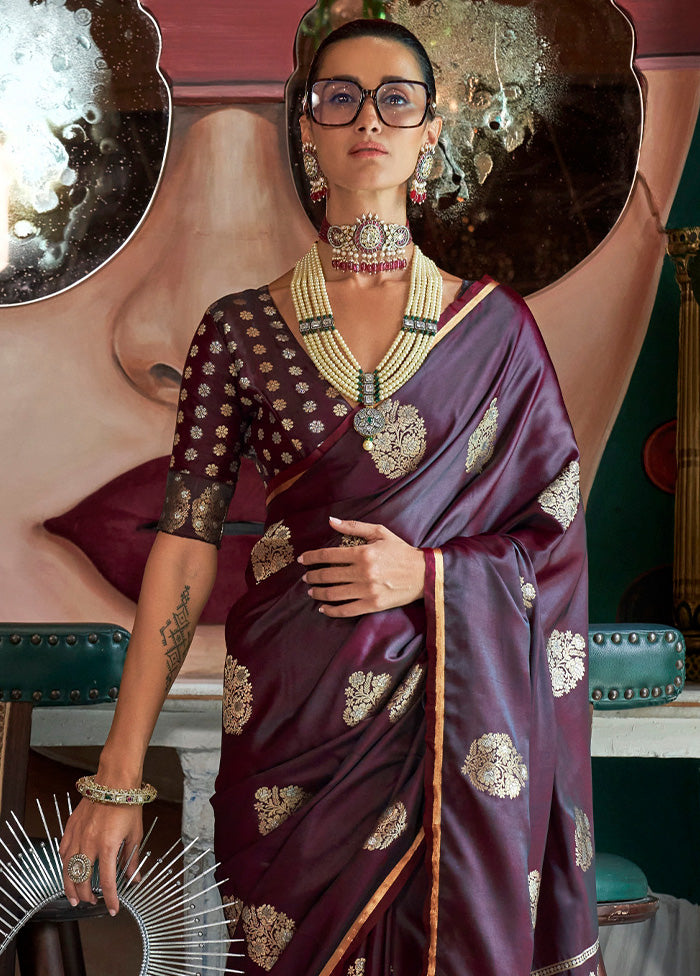 Wine Spun Silk Saree With Blouse Piece Free Shipping Low Pice