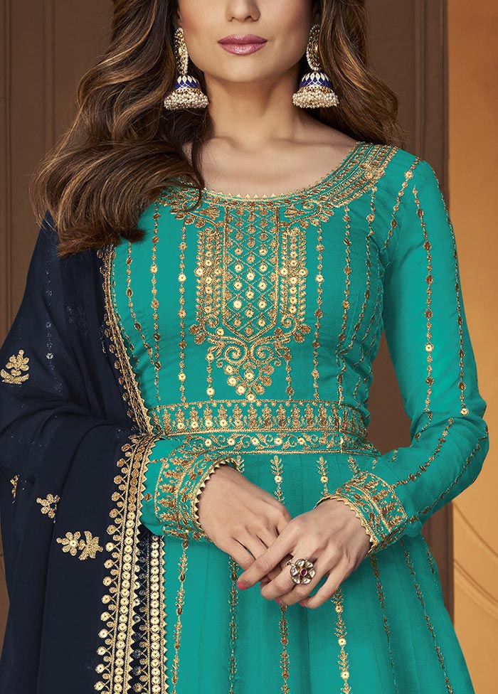 3 Pc Blue Semi Stitched Georgette Suit Set Cheap Sale Genuine