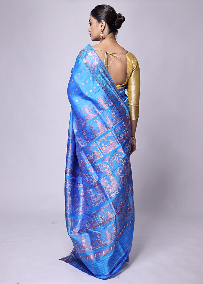 Blue Handloom Baluchari Pure Silk Saree With Blouse Piece Big Sale Cheap Online