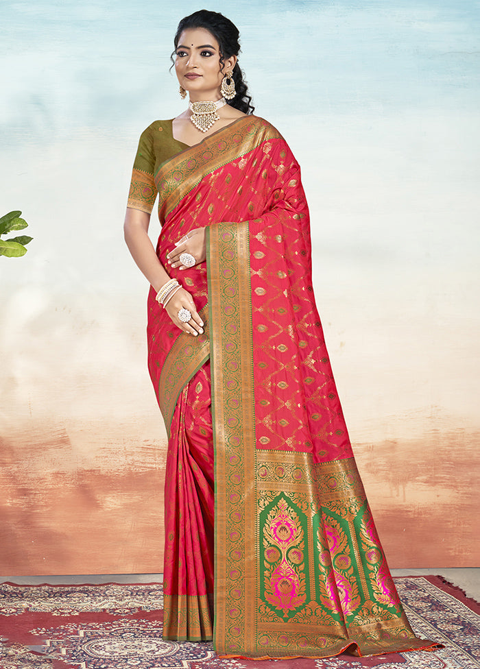 Dark Pink Dupion Silk Saree With Blouse Piece Brand New Unisex Sale Online