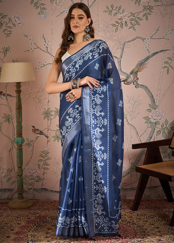 Navy Blue Linen Silk Saree With Blouse Piece Marketable