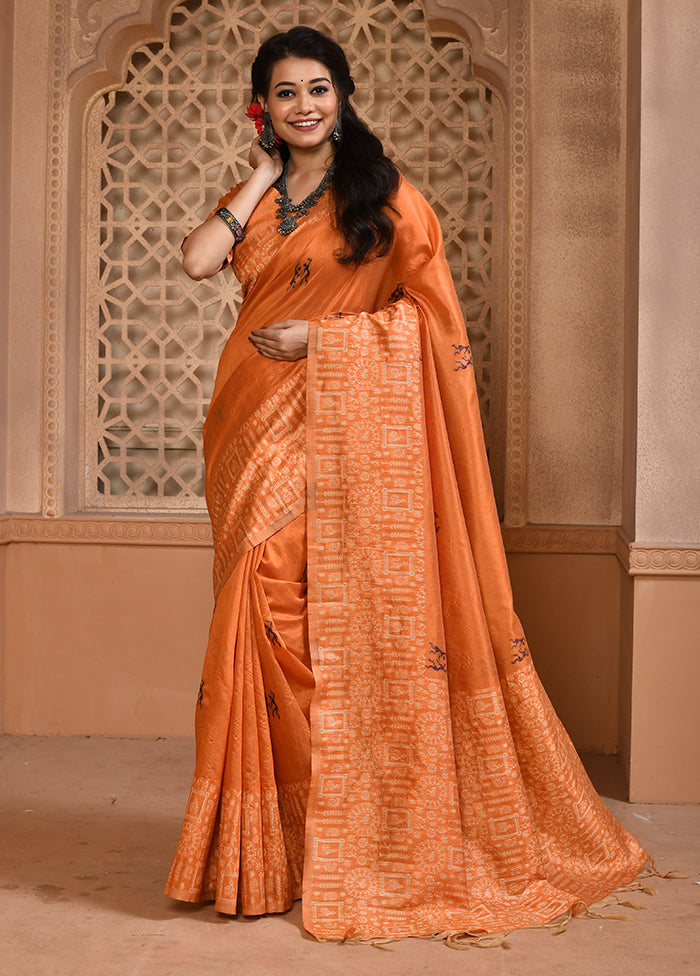 Orange Spun Silk Saree With Blouse Piece Outlet Ebay