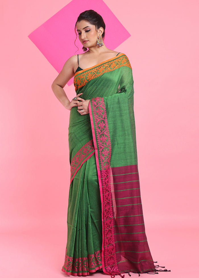 Green Cotton Saree With Blouse Piece Cheap Good Selling