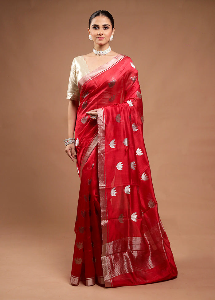 Red Handloom Chanderi Pure Cotton Saree With Blouse Piece Cheap Sale Pay With Paypal