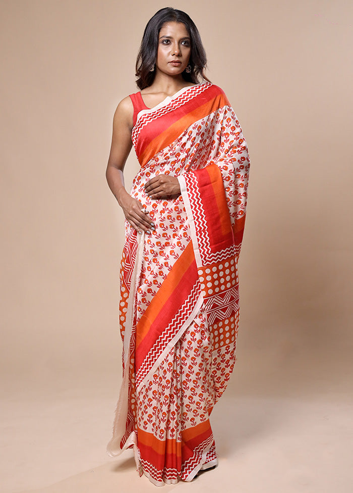 White Printed Pure Silk Saree Without Blouse Piece With Credit Card Cheap Pice