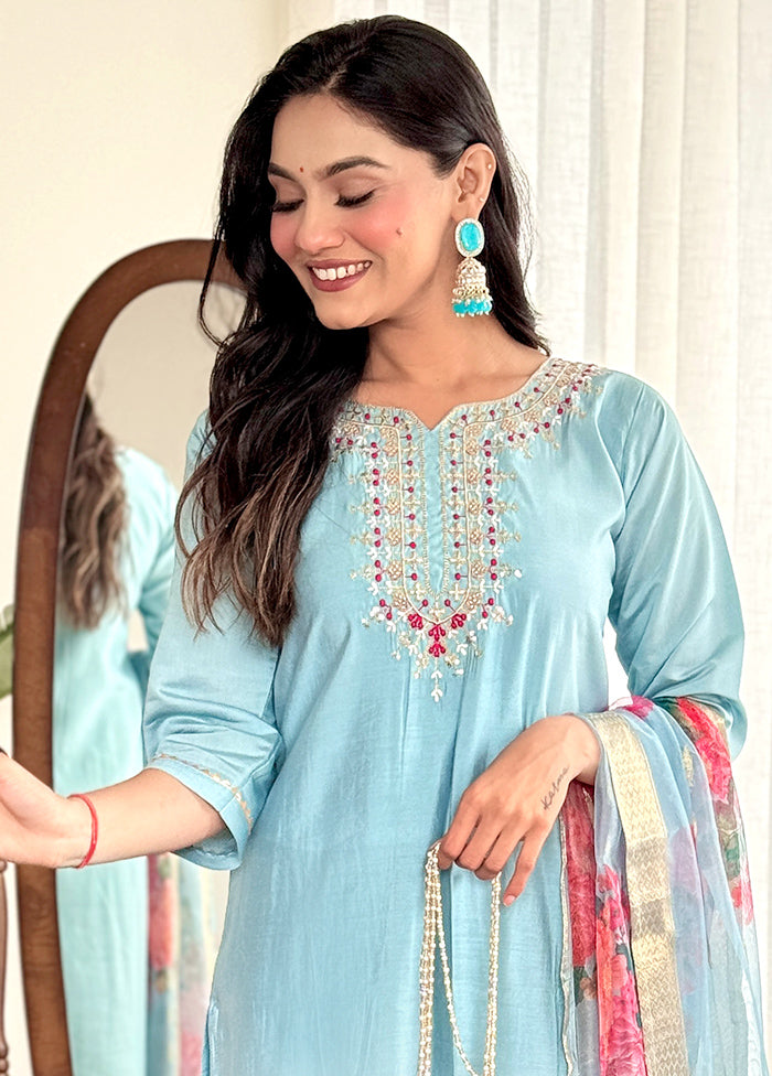 3 Pc Sky Blue Readymade Chanderi Suit Set Sale Footlocker Pictures