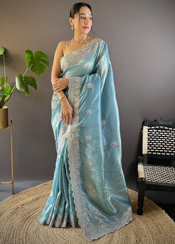 Blue Spun Silk Saree With Blouse Piece Newest For Sale