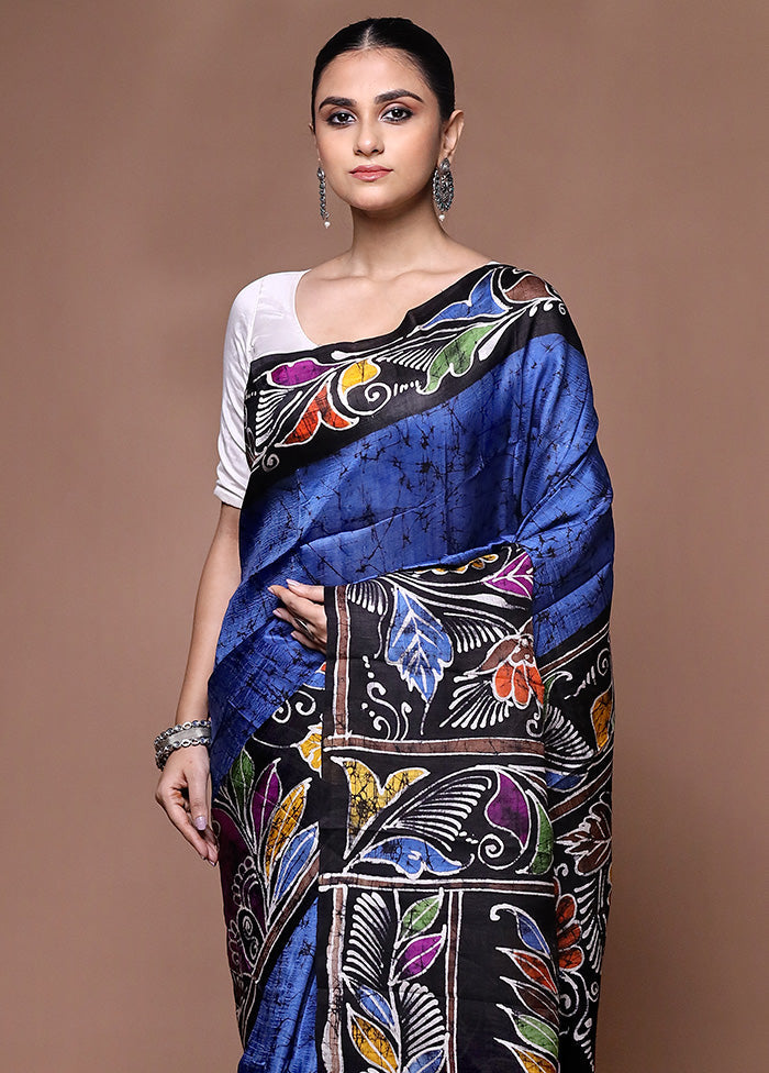 Blue Printed Pure Silk Saree Without Blouse Piece Sale Amazing Pice