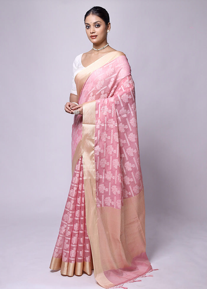 Pink Kora Silk Saree With Blouse Piece For Sale