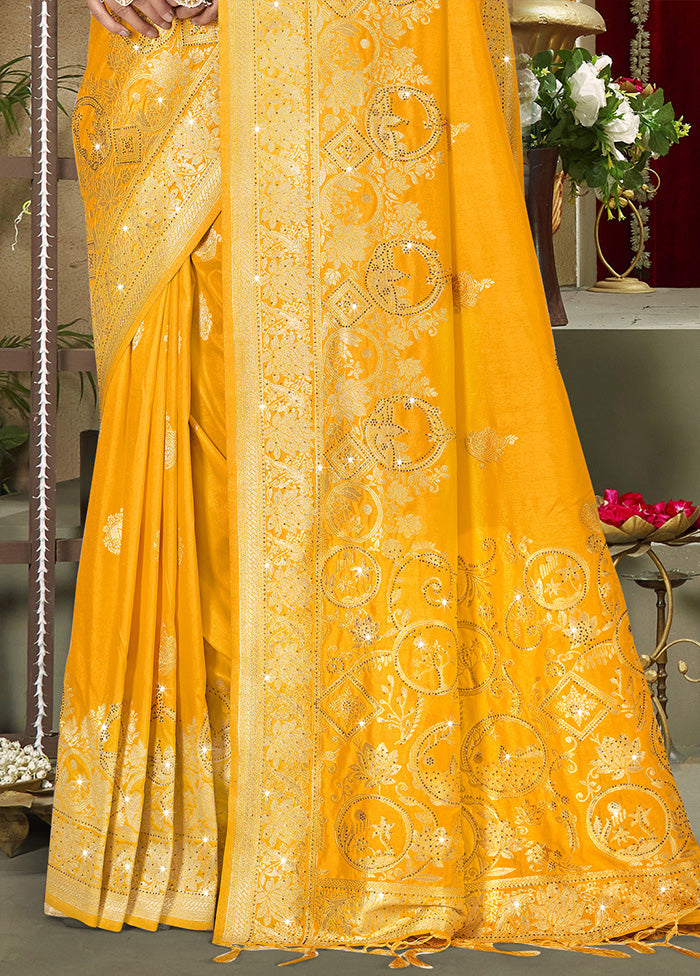 Yellow Spun Silk Saree With Blouse Piece Cheap Pice For Sale