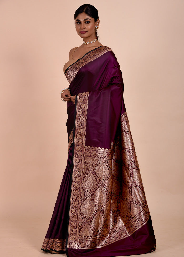 Wine Banarasi Silk Saree With Blouse Piece Clearance Cheap Online