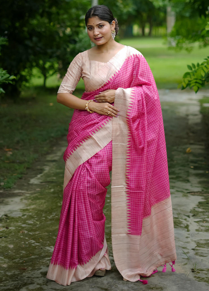 Pink Tussar Silk Saree With Blouse Piece Visit New Sale Online