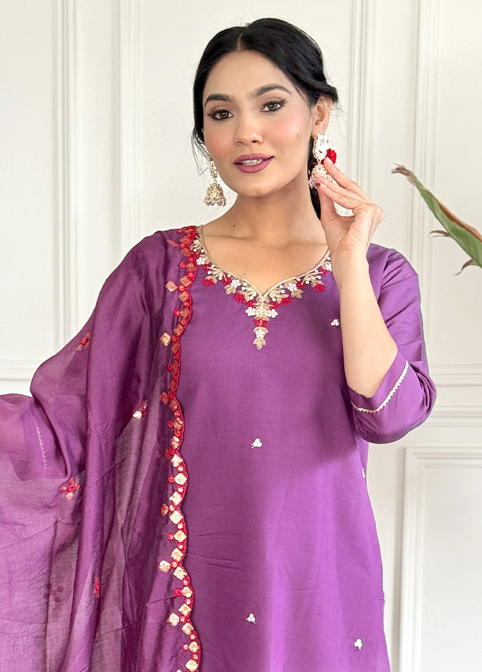 3 Pc Purple Readymade Chanderi Suit Set Low Shipping Cheap Pice