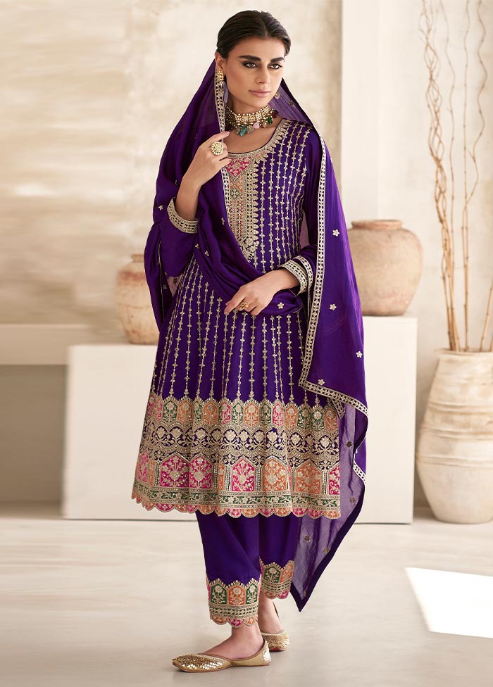 3 Pc Purple Semi Stitched Silk Suit Set Sale Popular