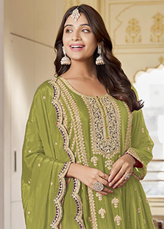 3 Pc Light Green Semi Stitched Silk Suit Set Top Quality Cheap Pice