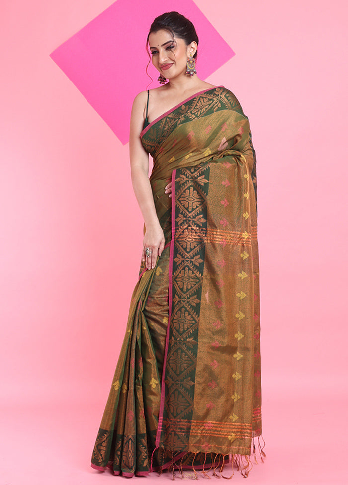 Green Spun Silk Saree With Blouse Piece Cheap Low Cost