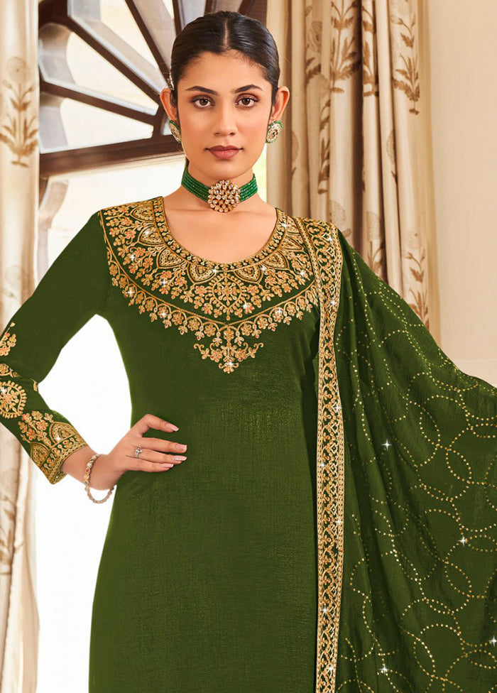 3 Pc Mehendi Green Pure Semi Stitched Silk Suit Set Inexpensive