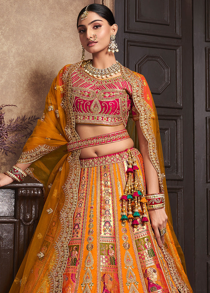 3 Pc Yellow Silk Semi Stitched Lehenga Set Free Shipping Looking For