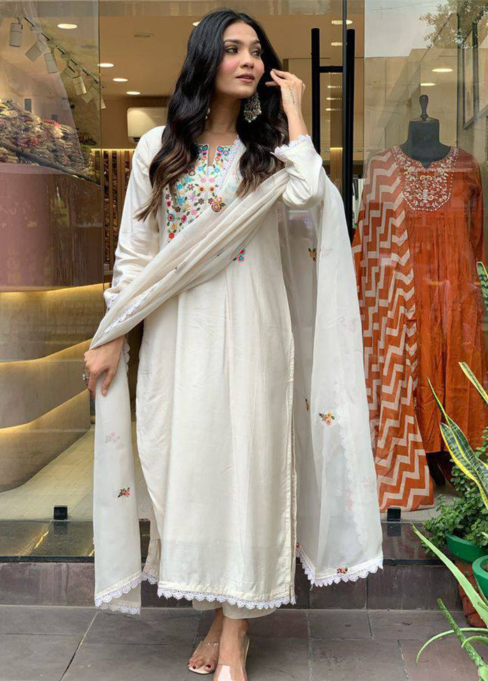 3 Pc Cream Readymade Viscose Dupatta Suit Set Wiki For Sale