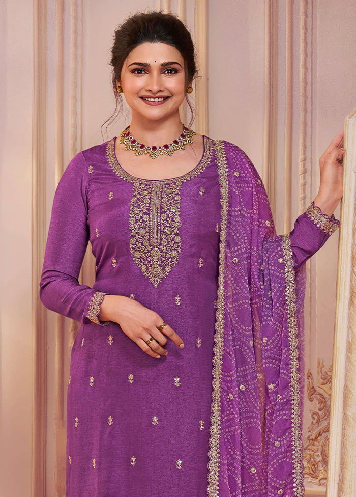 3 Pc Purple Semi Stitched Georgette Suit Set Cheap Sale Now